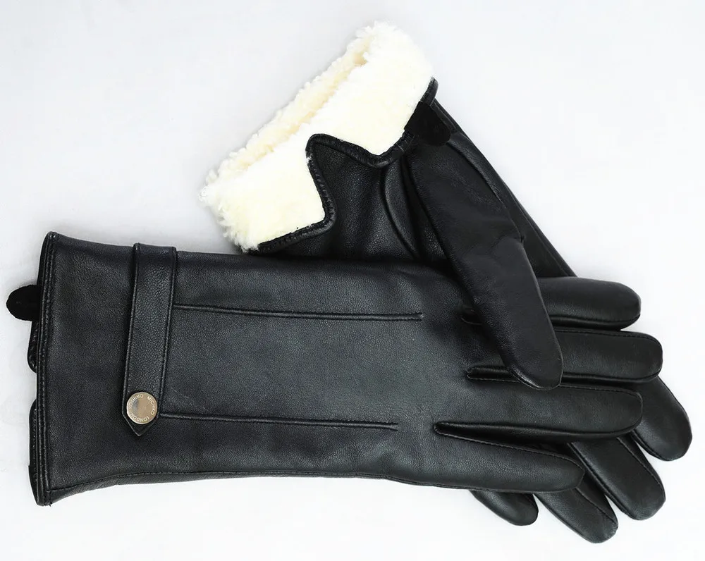 Lamb fur trim lined lady winter warm leather gloves for women