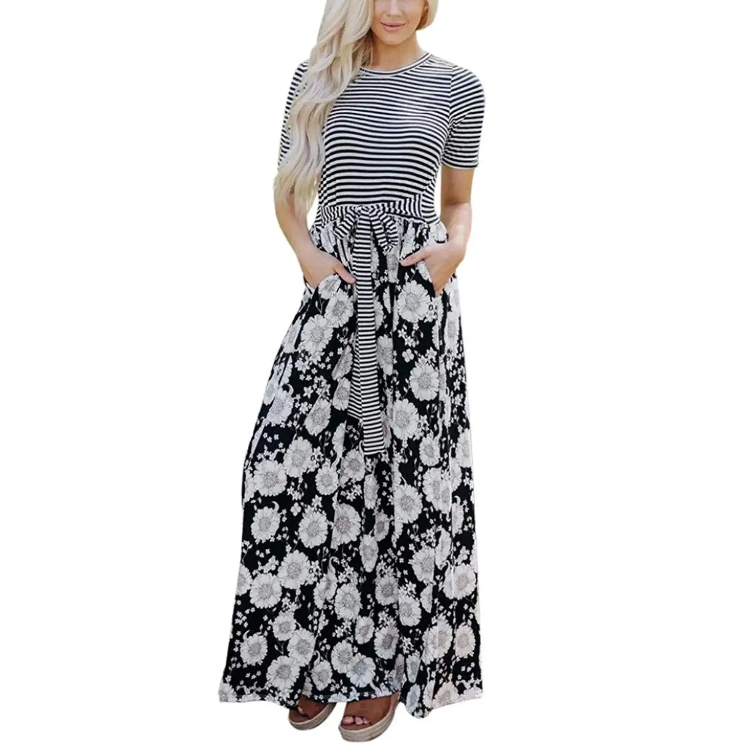 Goodtrade8® Women's Short Sleeve Loose Stripe Maxi Dresses Casual Long Dresses