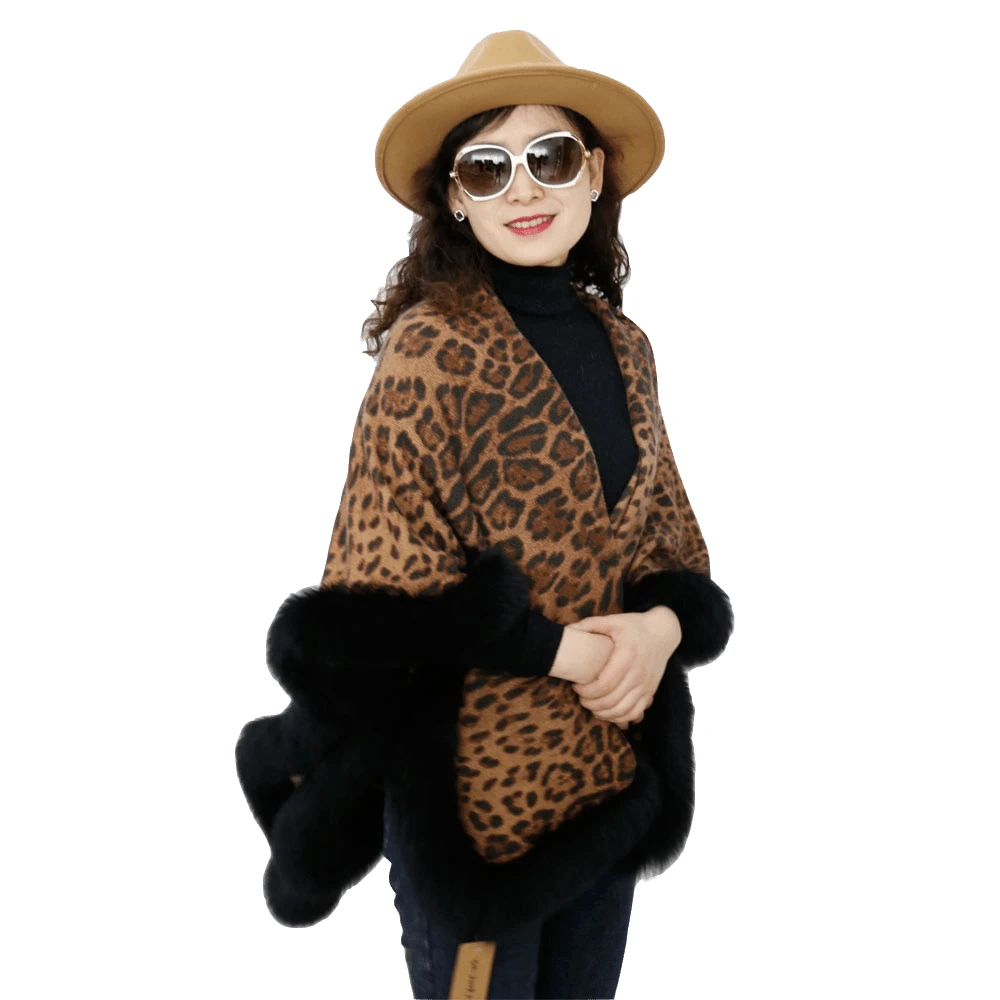 
Luxury Fashion Designer Leopard Print Lady 100% Cashmere Shawl With Fur Trim 