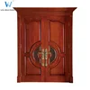 Luxury main double door design glass insert wood door with circle round decorative for entrance used