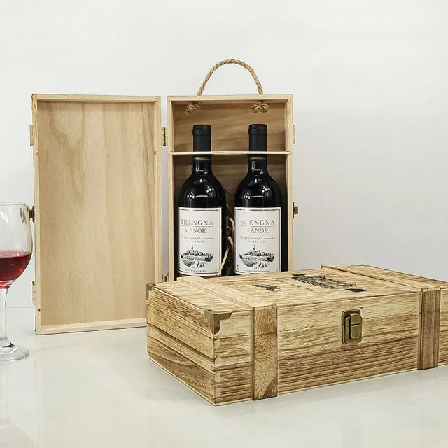 2 Bottles Of Vintage Wooden Red Wine Glass Bottle Gift Packing Box
