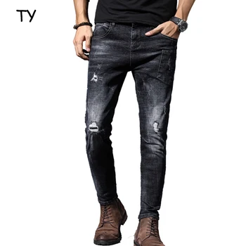 De La Moda De Los Hombres De Denim Negro Biker Denim Pantalones