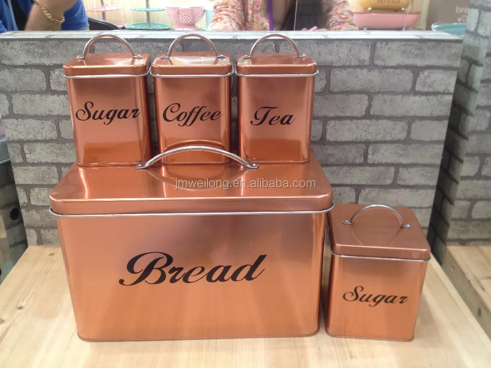 Rose Gold Set Of 5 Kitchen Canister Set Metal Bread Box Tea Sugar