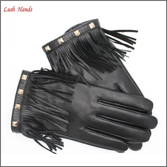 ladies genuine sheepskin leather hand gloves black with tassel