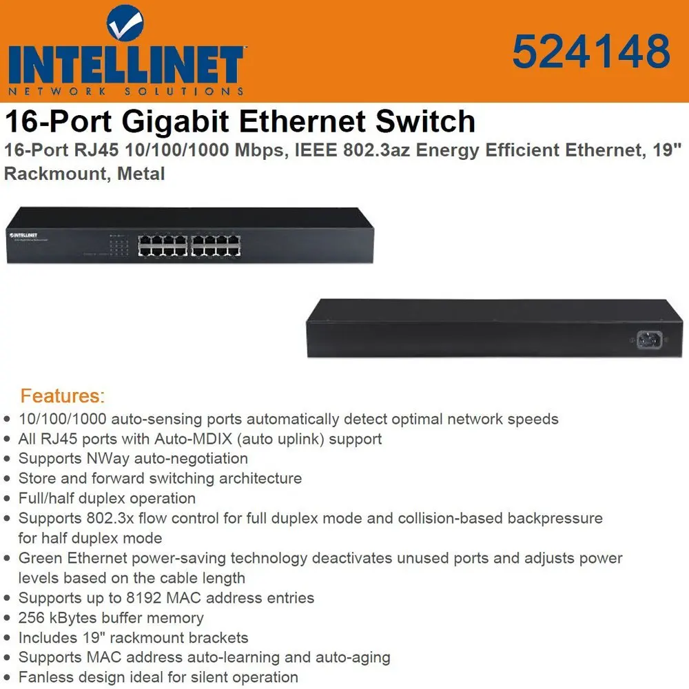 Intellinet 524148 Intellinet 524148 Gigabit Rack-Mount Ethernet Switch (16 Port)