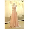 High Quality Pink Lace 2019 Prom Dress A-Line Chiffon Long Evening Gowns Wholesale Brush Train Scoop Neckline Appliques