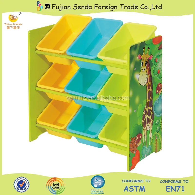 Wooden Kid Toy Organizer Storage Shelf Witn 9pcs Plastic Bins Wooden Kid Toy Organizer Storage