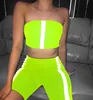 Stretchy Neon Reflective Striped Biker Shorts Set Tracksuit Women Two Piece Fitness Crop Top And Short Matching Sets Y11536