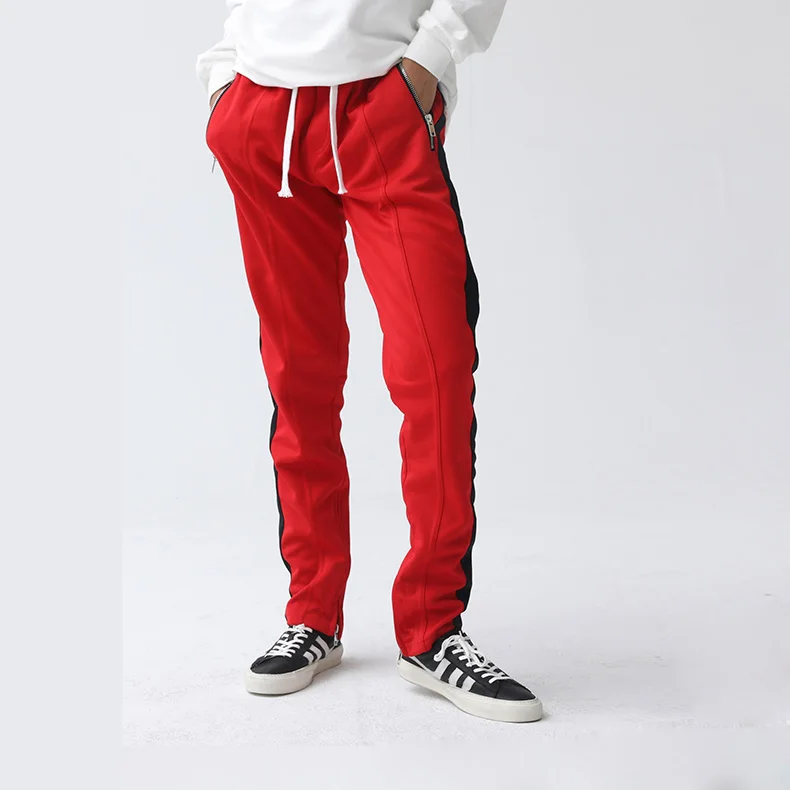 Red Side Stripe Track Pants Mens Custom Zipper Pocket Plain Slim Fit ...
