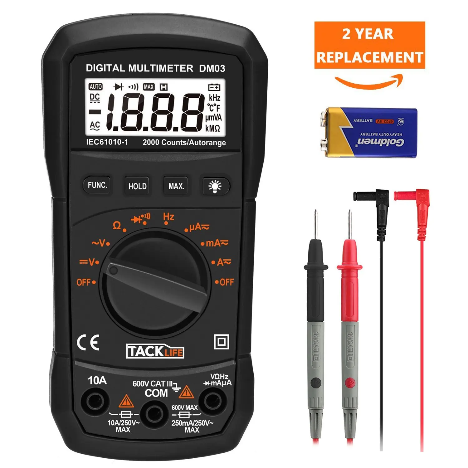 Multimeter, Tacklife DM03 Auto Ranging Digital Multimeter Volt Amp Ohm Digital Multimeter, Diode Electronic Meter, Continuity Digital Tester with Backlit LCD, Max Value Measurement Tools