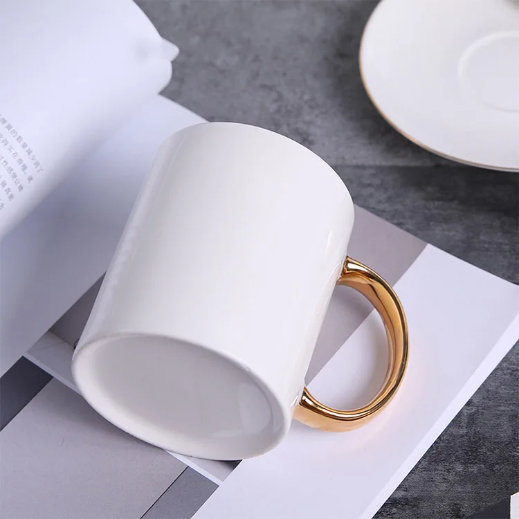 White Ceramic Coffee Mug Plating Gold Handle Mugs Creative Milk Cup Tea ...