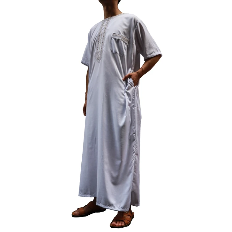 New Fashion White Short Sleeve Arab Cotton Linen Robe Abaya Kaftan Men ...