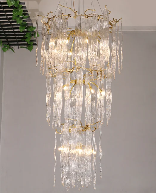OEM Sprial Glass Chandelier  Luxury Rain Drops lighting fittings for Staircase