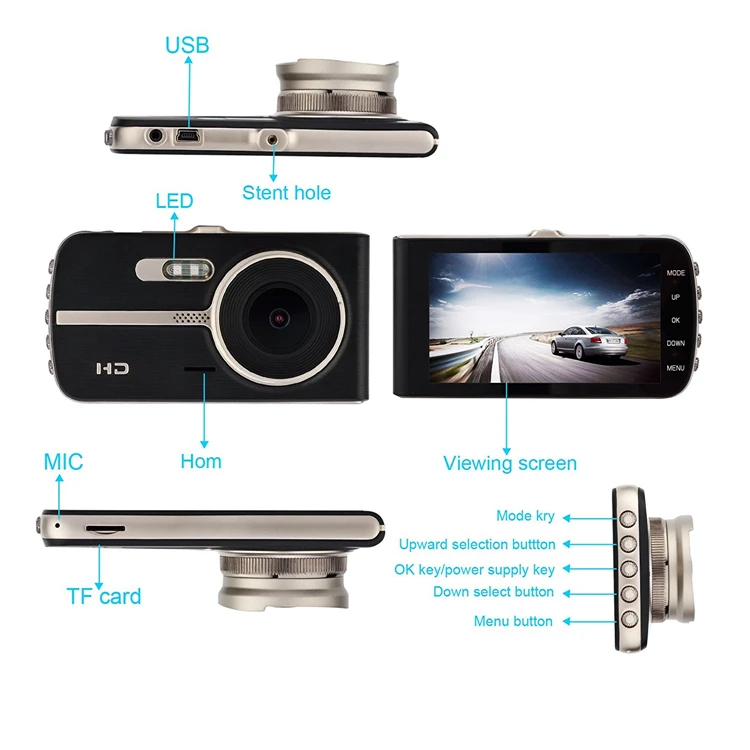 4 Inch IPS Novatek 96655 Full HD 1080P WDR Car DVR Dual Lens Dash Cam E4 with G-sensor & Motion Detection