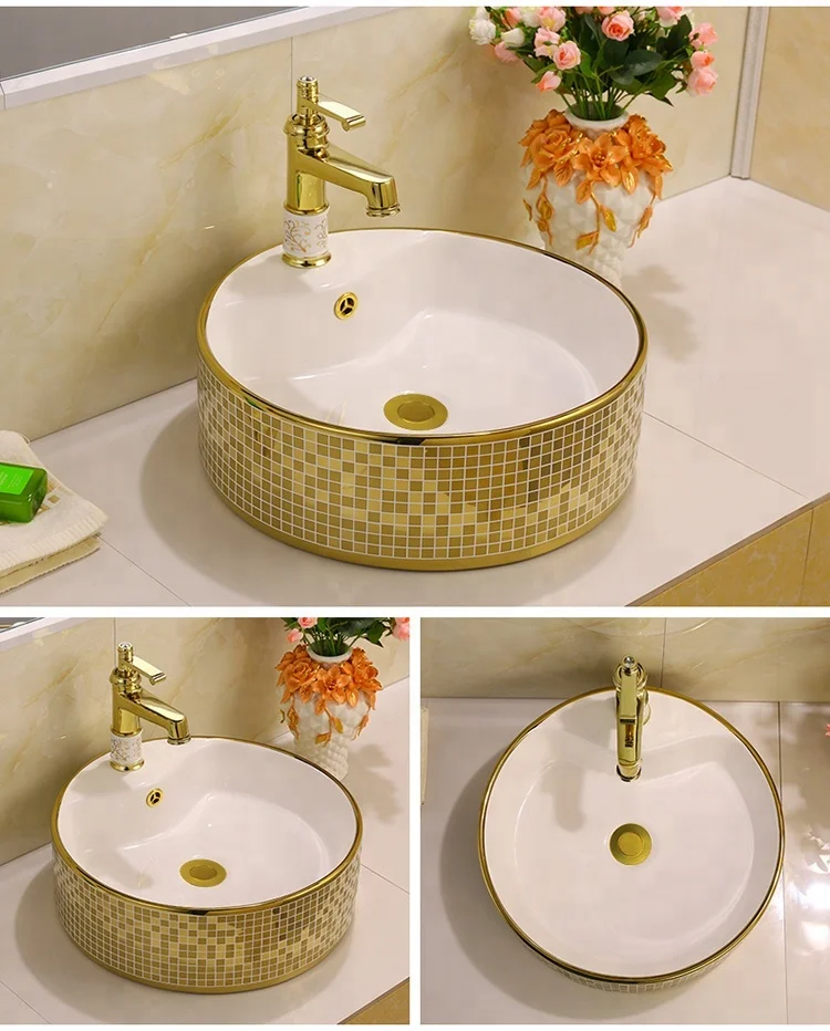 Sanitary Ware Saudi Arabic Golden Bathroom Sinks With Faucet Hole Square Countertop Ceramic Gold