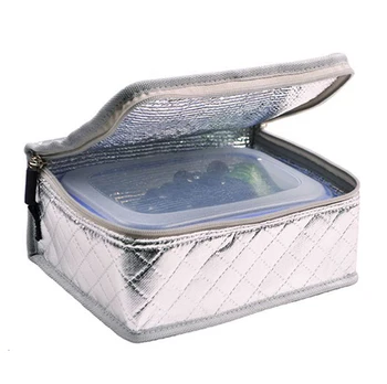 silver lunch box with bag