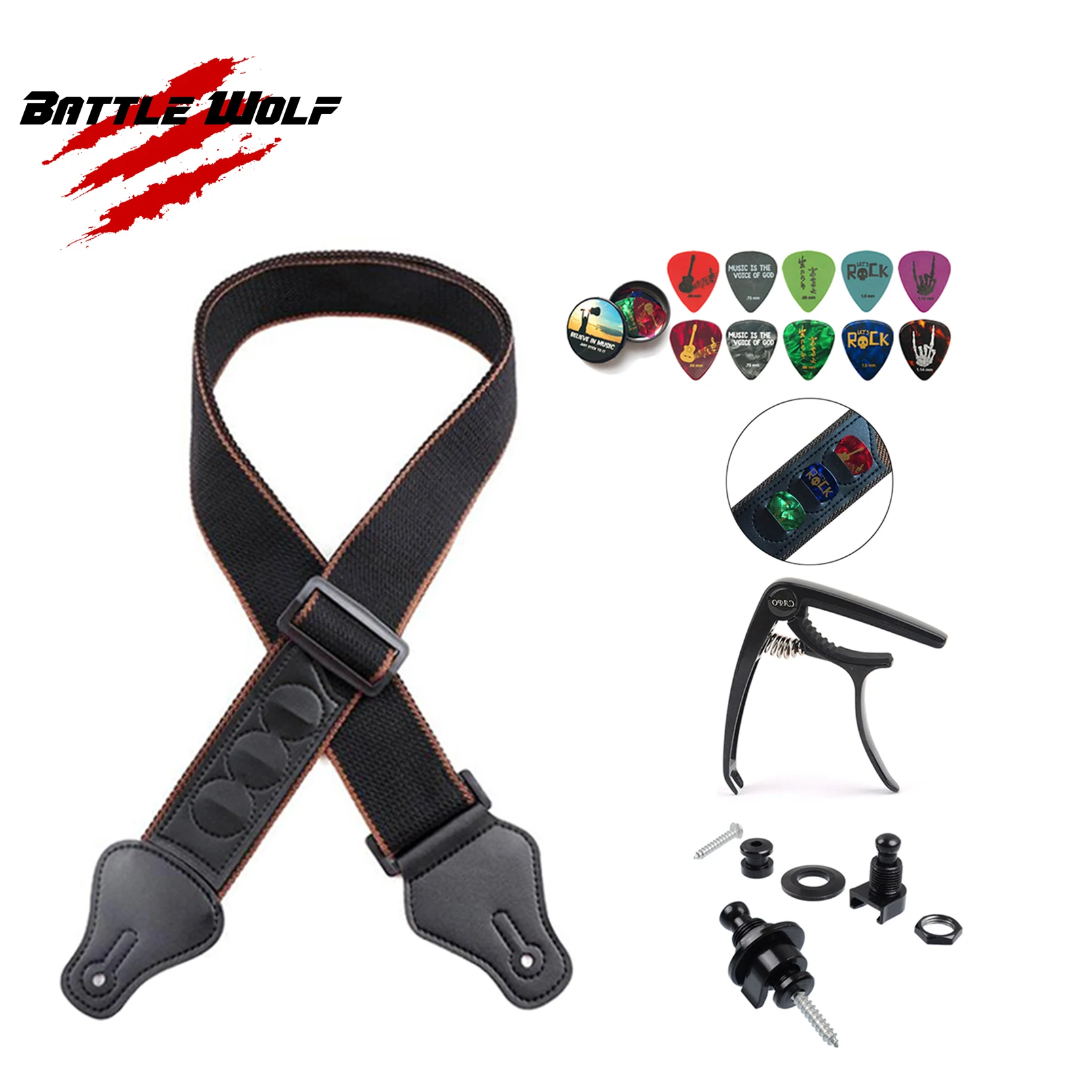 Wholesale Cotton Guitar Strap With Pick Holder Capo Strap Lock Guitar