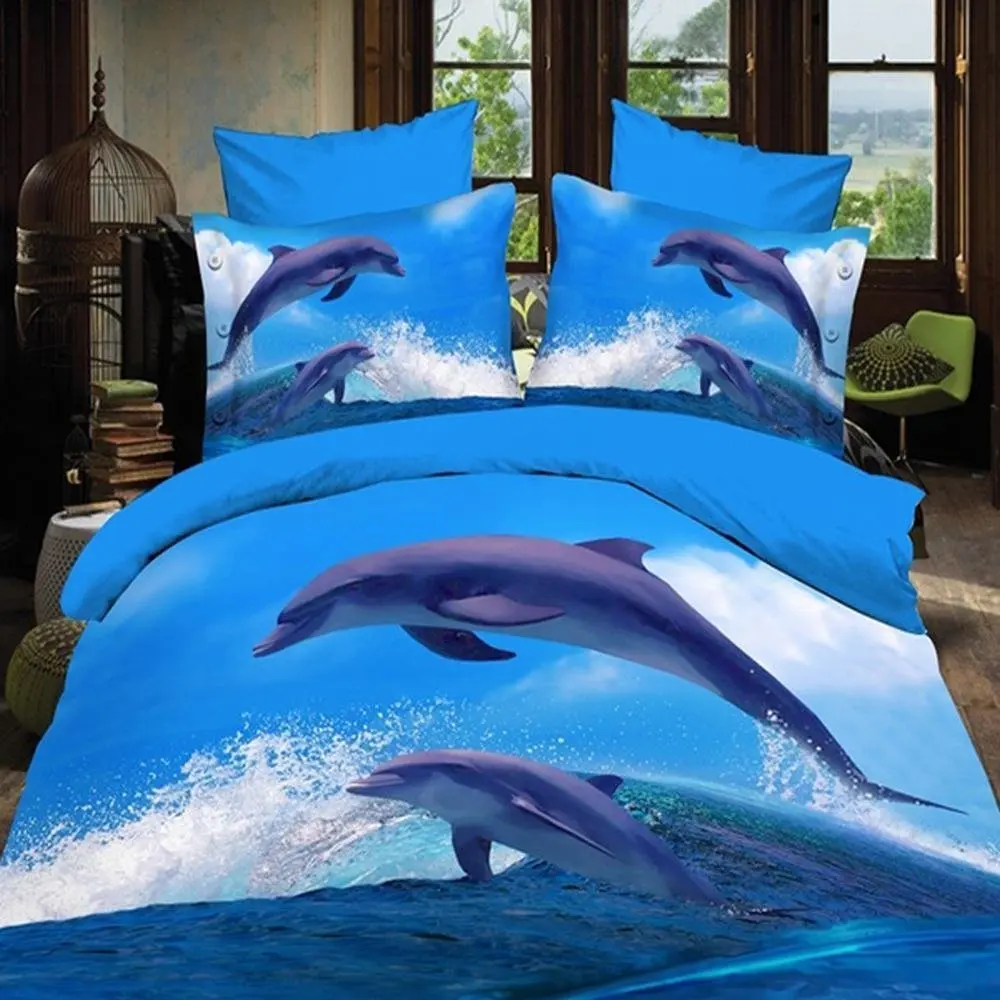 Alicemall Blue 3D Bedding Set Twin Dolphins Jumping out of Blue Ocean Polyester 4 Piece 3D Duvet Cover Sets for Dolphin Lovers, Duvet Cover, Flat Sheet and 2 Pillow Cases, No Comforter (Twin-10938041)