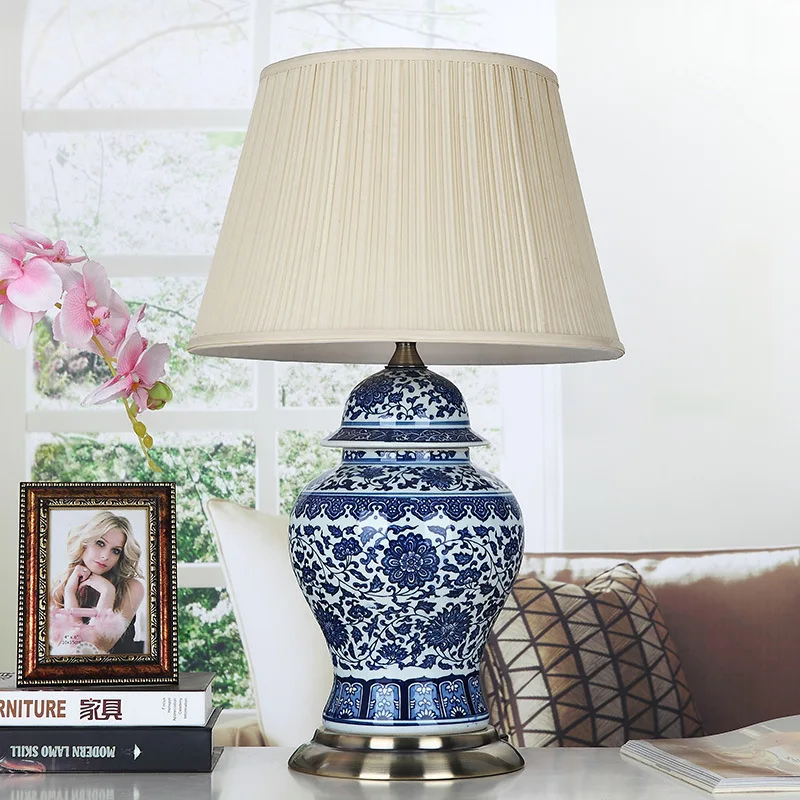 Vintage Home Furniture Asian Blue And White Table Lamp Ceramic Reading