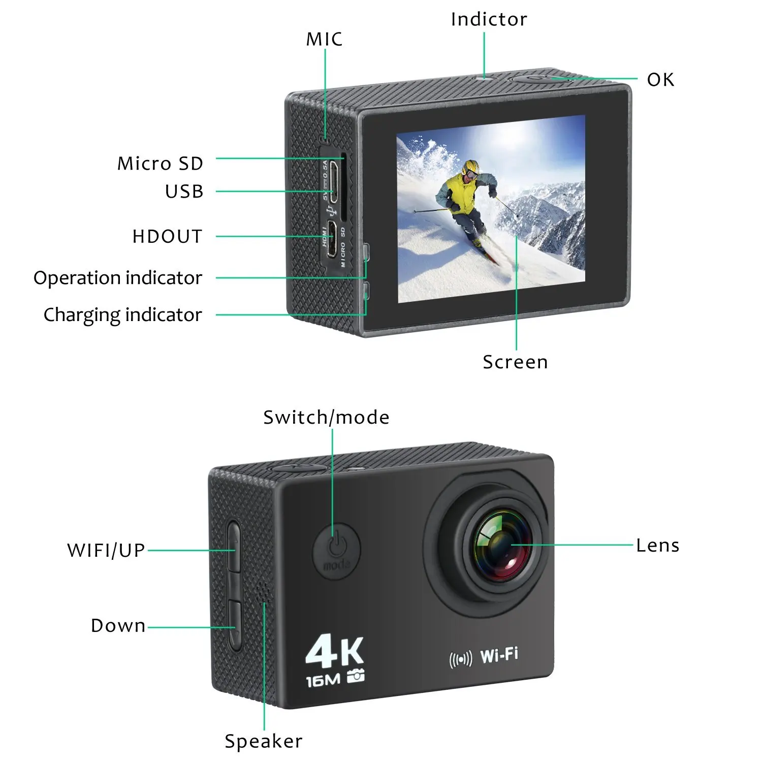 Action Camera Hd 4k 30fps Remote Control Wifi Compatible External