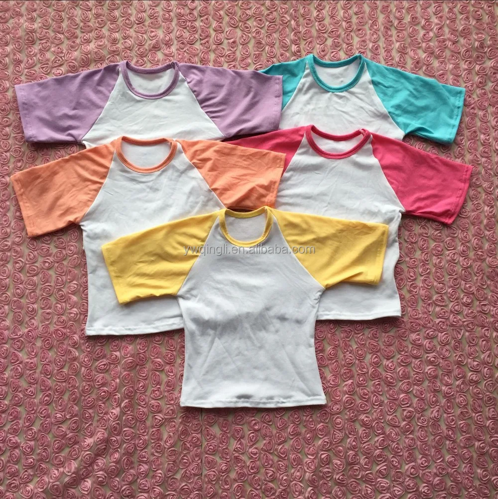
New year wholesale stylish baby girls Clothes 3/4 sleeves ruffle shirt multi-colors raglan tops 