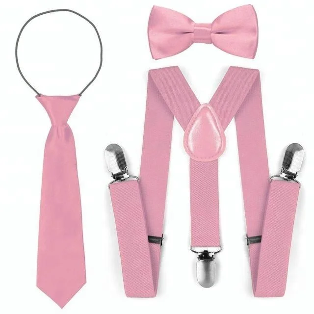 Toddler Adjustable Elastic Fashion Suspenders for kids and Bow Tie Necktie Set Pink AC6000