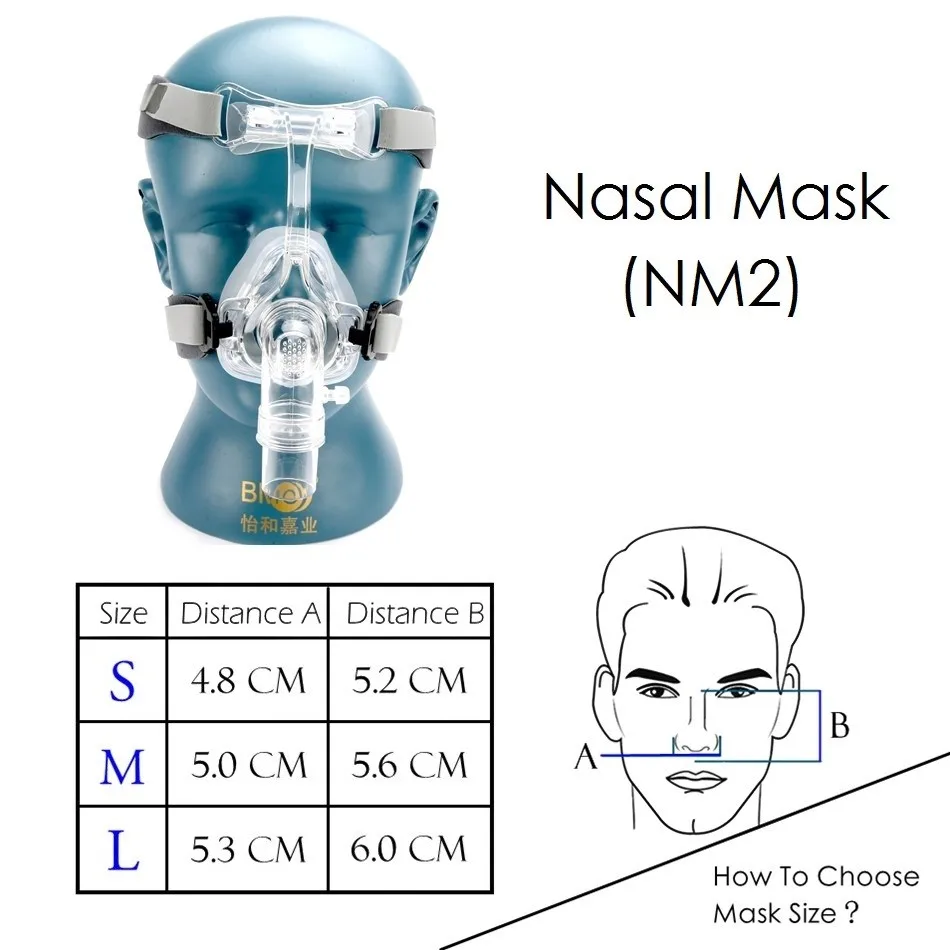 BMC NM2 Nasal Mask With Headgear And Head pad S/M/L Very Comfortable ! Sleep Nasal Mask With SML 3 Size For CPAP