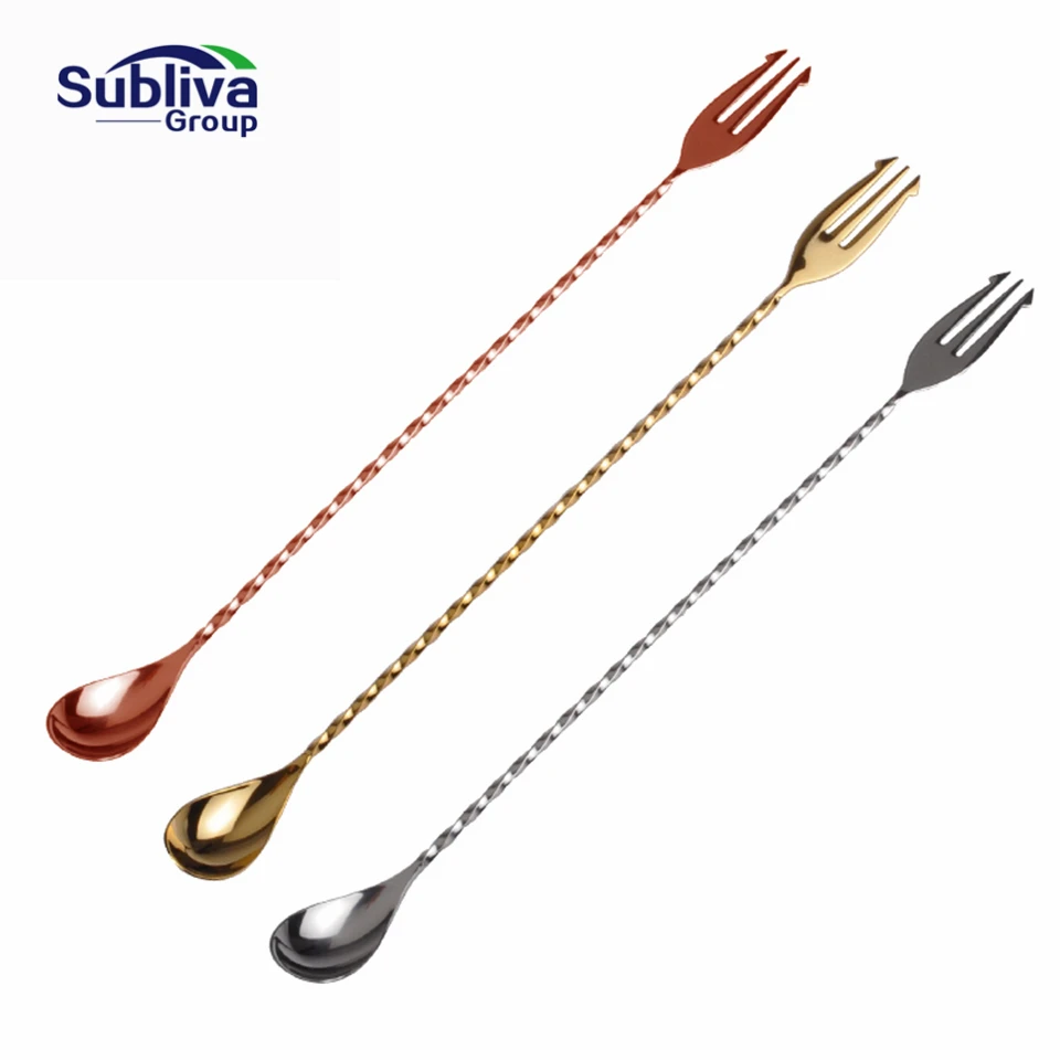 Cocktail Spoon With Fork Stainless Steel 400mm Long Handle Twisted