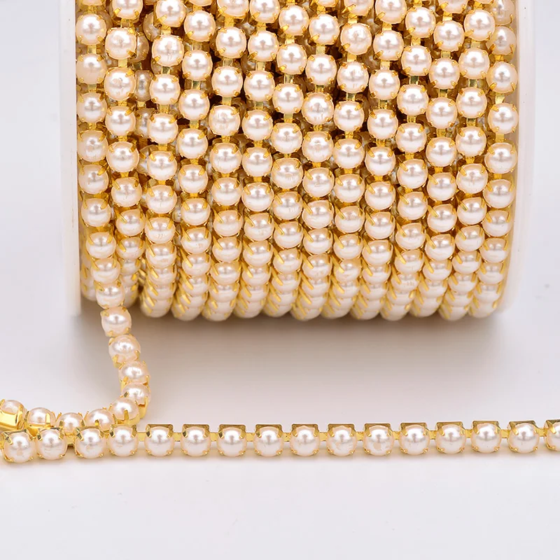 SS16 4mm handmade Pearls Trims Golden/Silver Chain 10 yard 