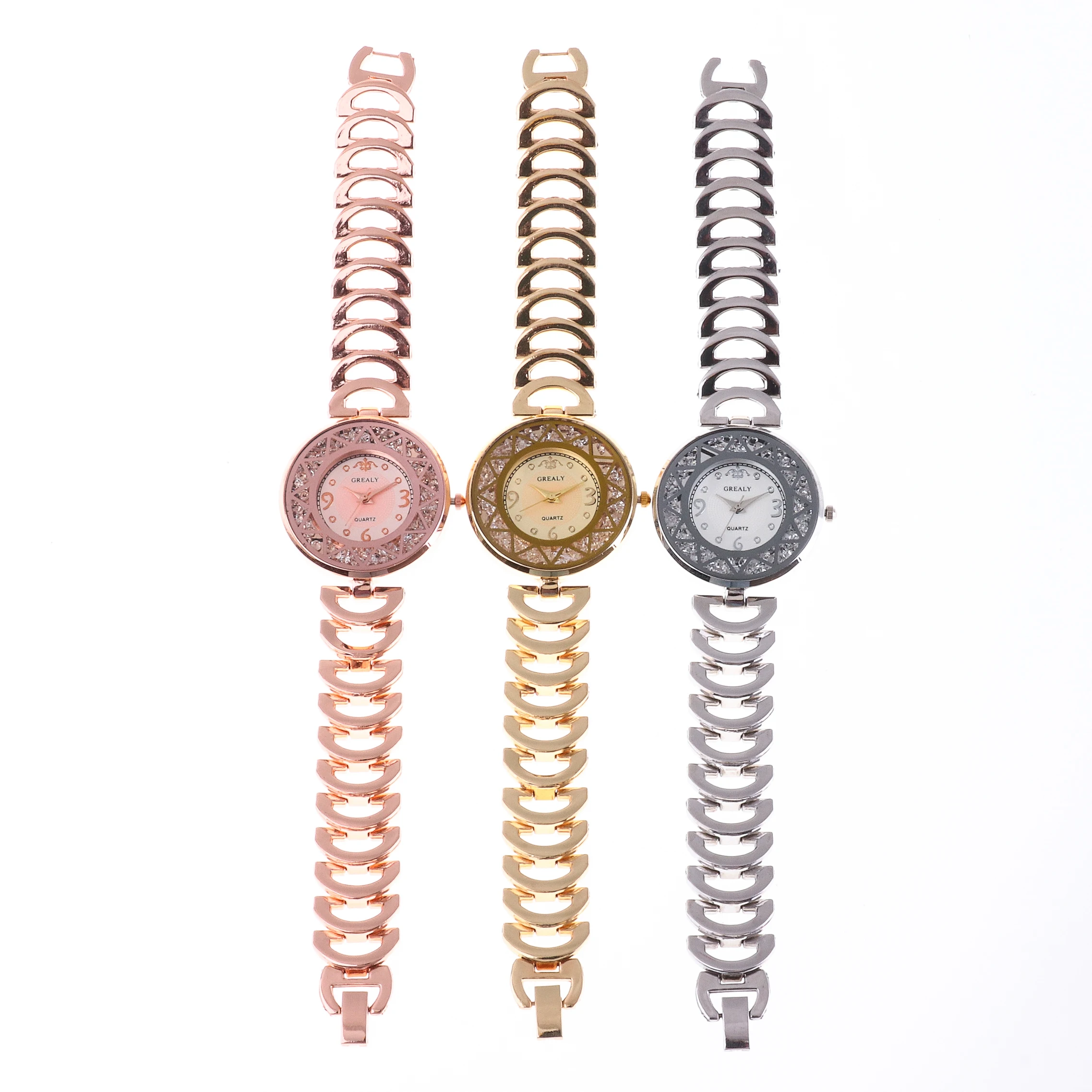Grealy Crystal Stainless Steel Quartz Wrist Bracelet Epoch Ladies Rose