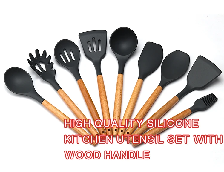 silicone and wood utensil set