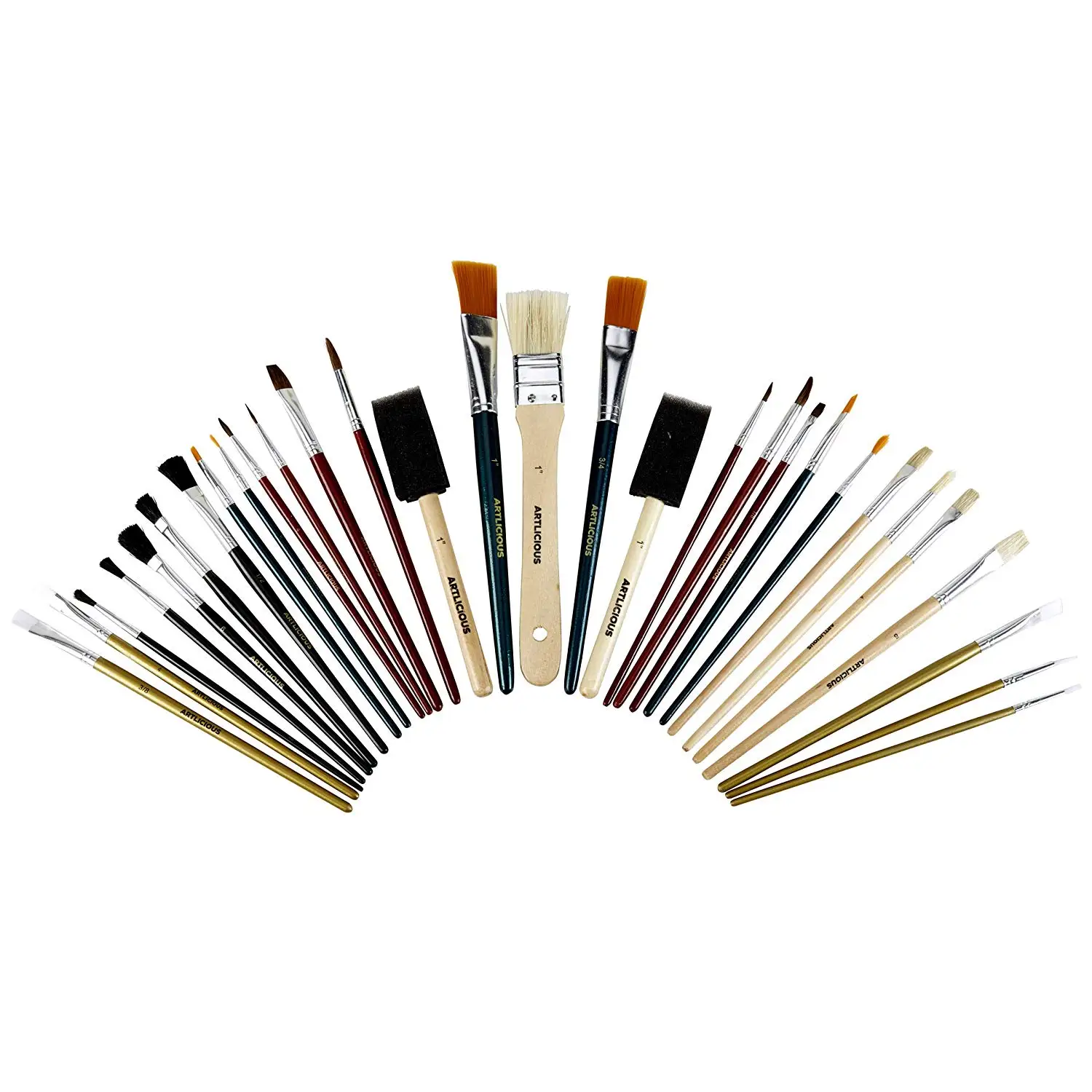 Artlicious - 30 All Purpose Paint Brush Value Pack - Great with Acrylic, Oil, Watercolor, Gouache
