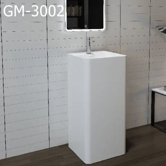 GM-3002  solid surface artificial stone white pedestal hand wash basin for bathroom sink