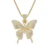 New Style Fashion Simple Design Gold Silver Plated Iced Out Bling Bling CZ Diamond Butterfly Pendant Necklace for Unisex