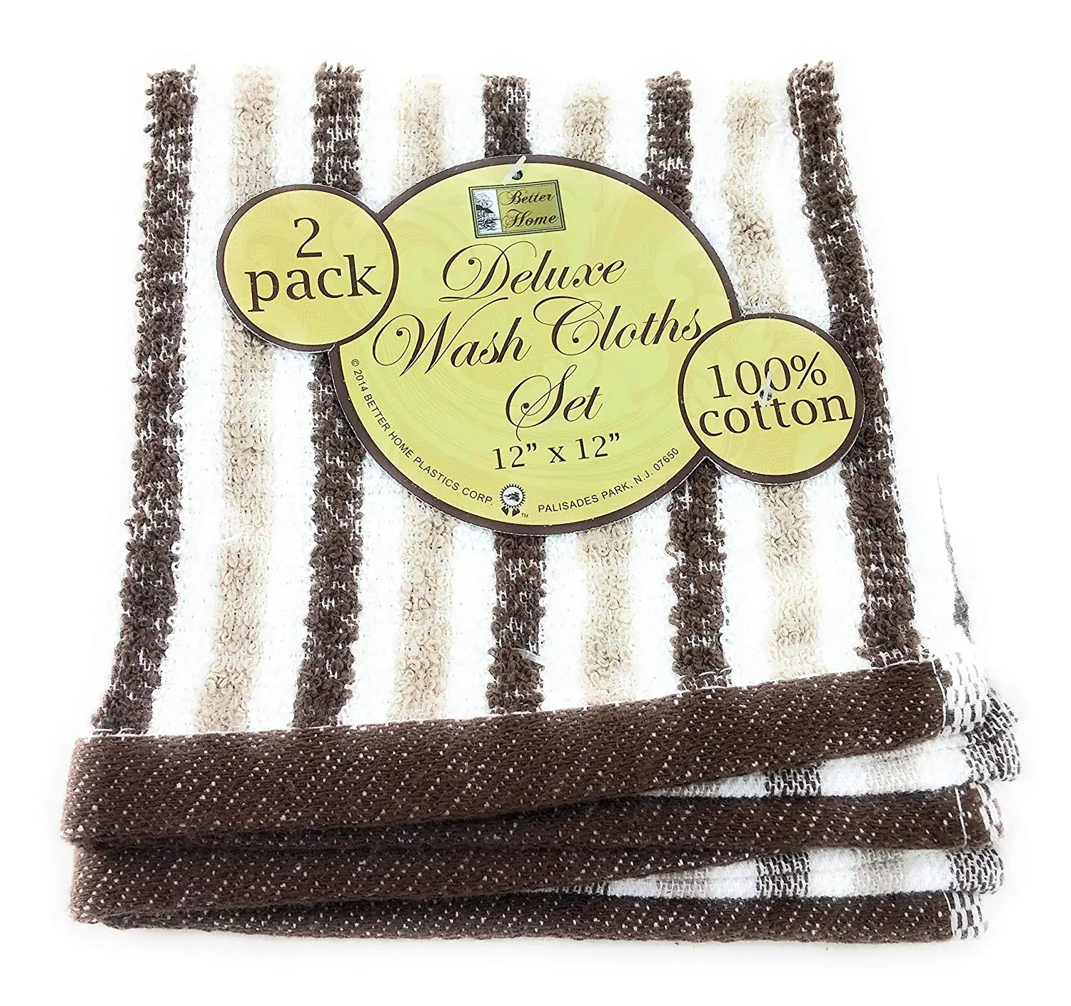 2 pack Better Home Cotton Striped Deluxe Wash Cloth (Brown)