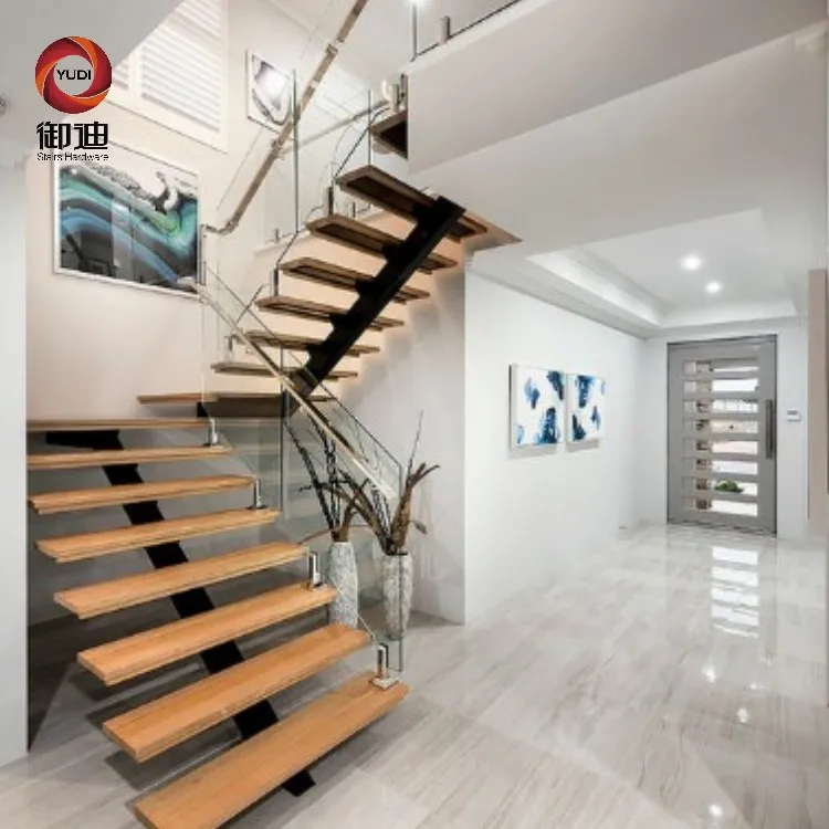 Prefab U Shape Interior Metal Frame Sapele Wood Stairs ...