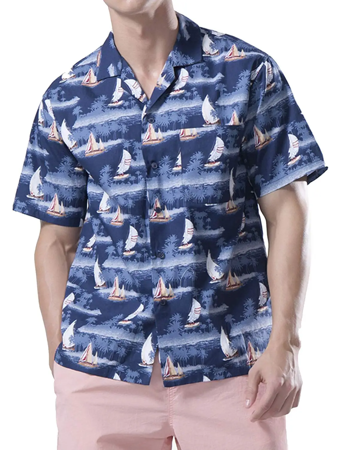 Pishon Mens Hawaiian Shirt Cotton Hibiscus Flower Short Sleeve Beach Aloha Shirt
