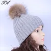Classical Style Raccoon Fur Pom Pom Wool Blended Rib knitted Winter Hats Beanie