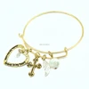 Adjustable wire wholesale angle wing love heart pearl pendant cross gold bangle bracelet