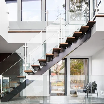 Galvanized Carbon Steel Stringer Straight Stair With Tempered Glass Railing - Buy Straight Stair 