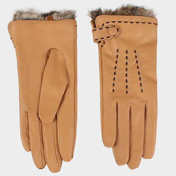 women basic style handmade leather glove rabbit fur lined leather glove