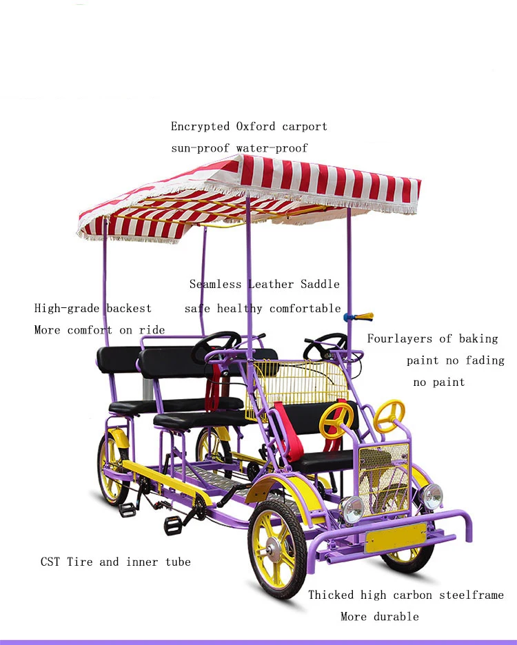 Luxurious 4 Person Tandem Quadricycle Surrey Sightseeing Bike For Sale