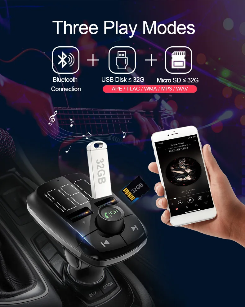 T50 Wholesale Bluetooth Car Charger With Two Way Usb Plug Digital