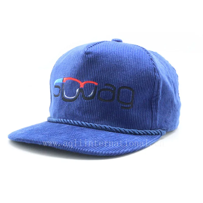Custom 5 Panel Blank Plain Nylon Rope Snapback Blue,Embroidery Corduroy