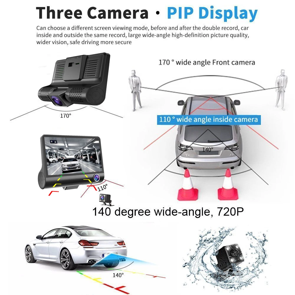 Podofo 4.0 Inch 3 Lens Car Black Box Dash Cam HD 1080P 170 Degree Wide Angle Car Camera DVR Video Recorder G-Sensor Dashcam