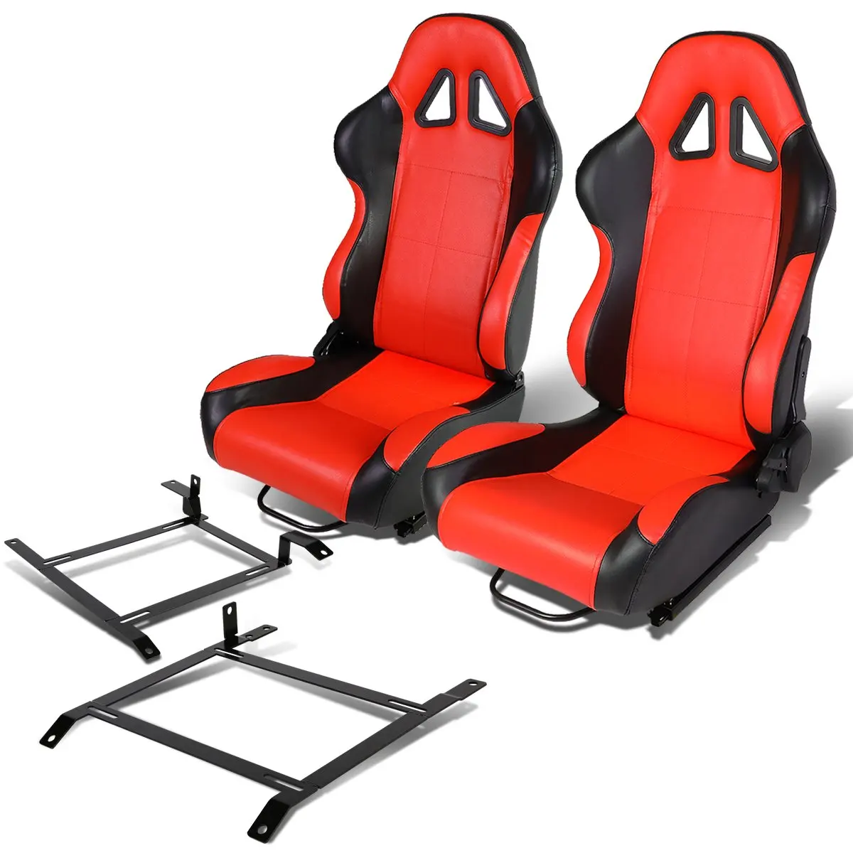 Pair of Full Reclinable Black and Red Carbon Look PVC Leather Type-4 Racing Seat+Adjustable Sliders