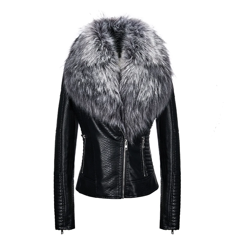 2019 Winter Warm Fashion OEM Windproof Zipper Slim Black PU Jacket With Fur Coat