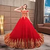 HQ057 Appliqued Gold Lace Off Shoulder Ball gown wedding Evening pattern Red Chinese Traditional dress
