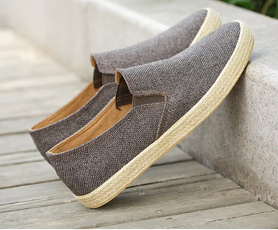 Men Casual Linen Slip-on Wide Brown White Rope Foxing Canvas Shoes ...