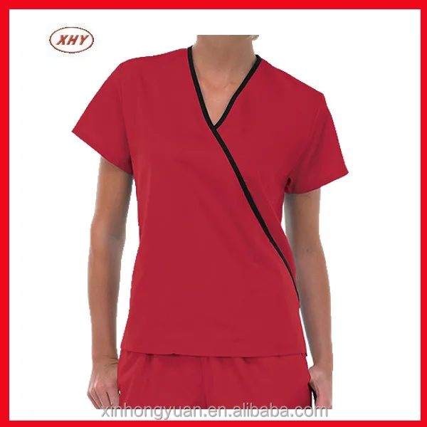 Custom Red Popular Women Mock Wrap Scrub Top Buy Popular Scrub Top